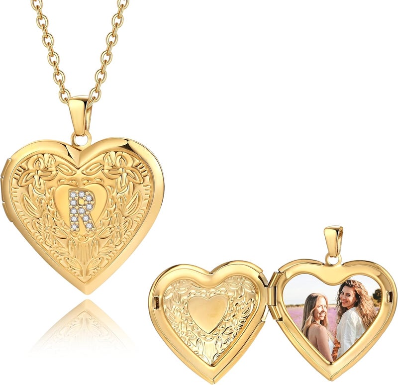 Badu Gold Initial A-Z Necklace for Women Heart Photo Lockets that Hold Picture Love Image Cubic Zirconia Necklace - Image 2